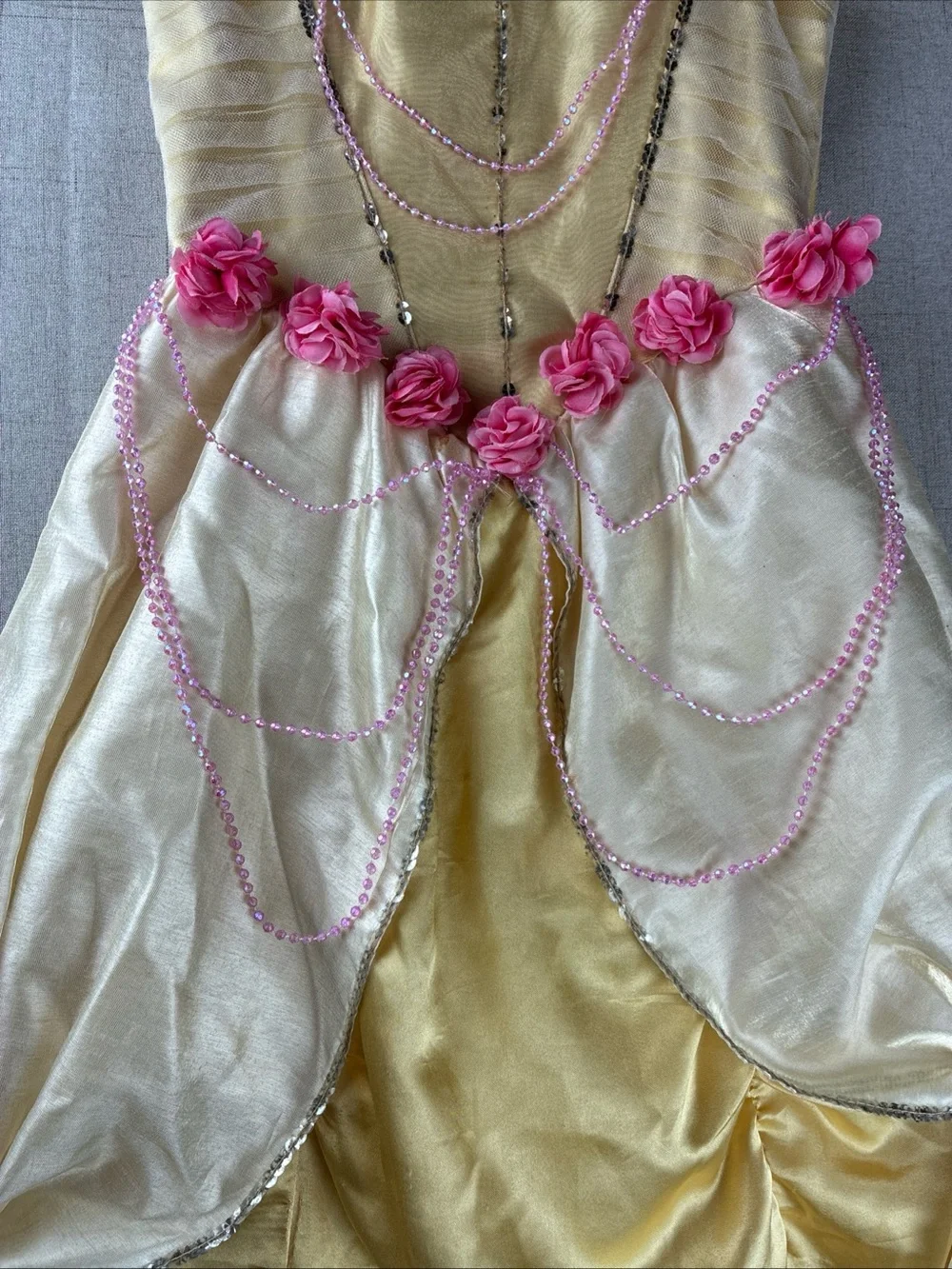 Disney Belle Beauty Beast Girls Costume Dress Tiara 5 6 Yellow Pink Ballgown